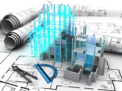 abstract 3d illustration of building construction computer model over blueprints